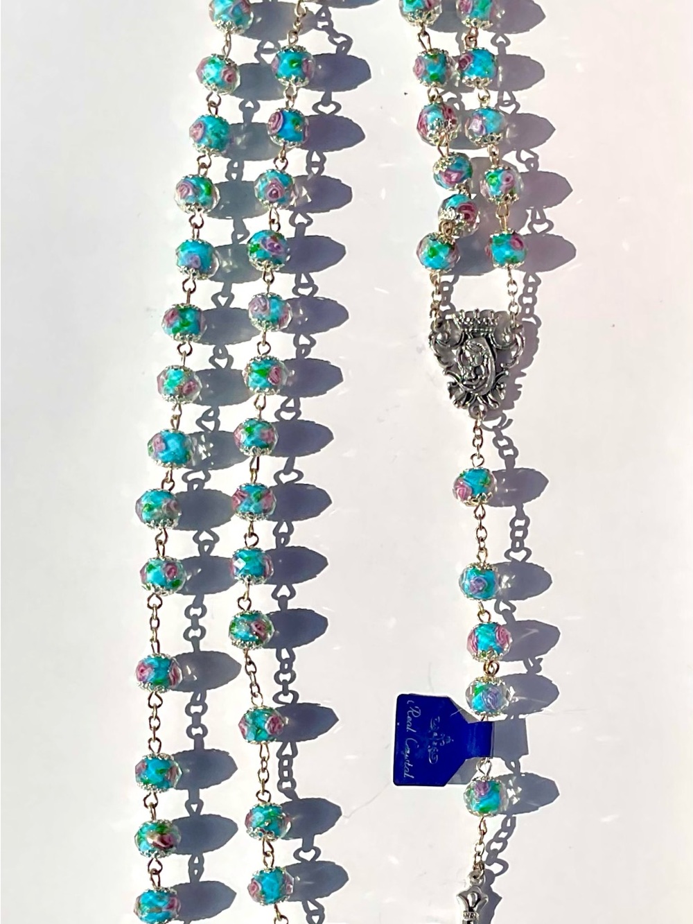 Turquoise Encased Lampwork Crystal Floral Rosary with Bright Pink Roses Inside - Picture 10 of 12